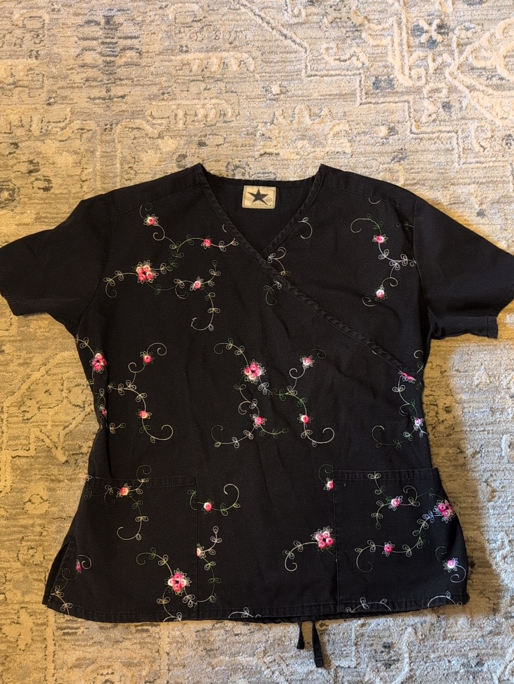 Embroidered Black Floral Scrub Top